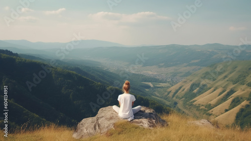 Woman Meditating, Practicing Yoga in Lotus pose at mountains nature landscape, Healthy lifestyle, self care, mindfulness concept. generative ai
