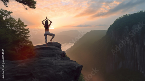 Woman Meditating, Practicing Yoga in Lotus pose at mountain peak, Healthy lifestyle, self care, mindfulness concept. generative ai