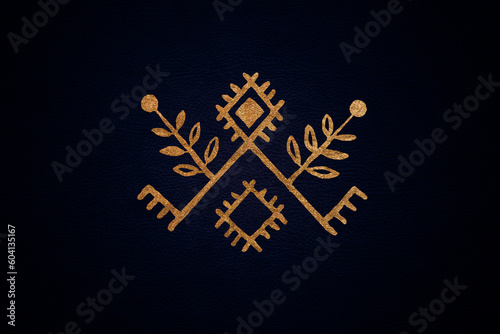 Authentic Kalevala golden ornament on a deep blue colored eco leather, background, animal friendly, karelia, nordic, finland, north, north-west russia, nordic flower, folklor
