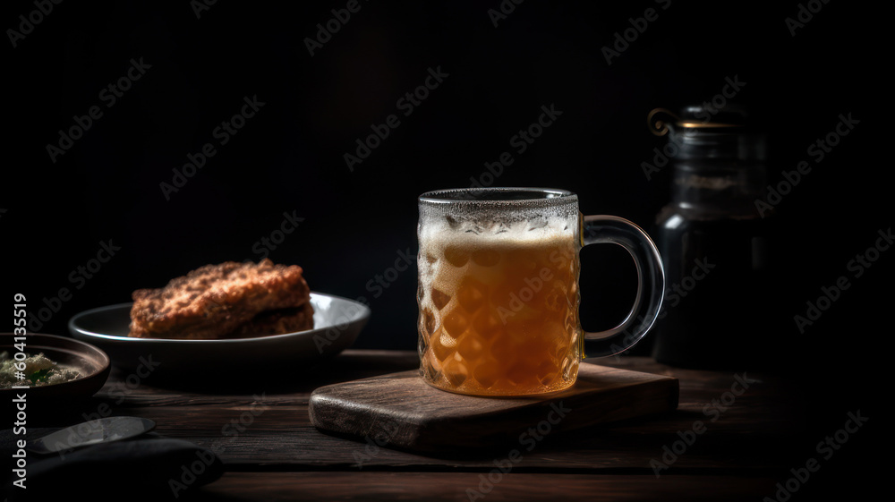 Still life with mug of chilled beer, beer cask hops and wheat ears on wooden table. Generative AI Still life with mug of chilled beer, beer cask hops and wheat ears on wooden table. Generative AI