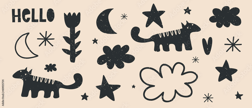 Simple Primitive Style Doodle Print with Black Flower, Stars, Clouds, Heart, Moon and Badger on a Ivory Beige Background. Grunge Infantile Style Vector Illustration ideal for Poster, Wall Art, Card. Simple Primitive Style Doodle Print with Black Flower, Stars, Clouds, Heart, Moon and Badger on a Ivory Beige Background. Grunge Infantile Style Vector Illustration ideal for Poster, Wall Art, Card.