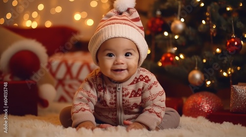 cute baby wearing Christmas clothes or santa clothes with christmas tree in the background ai, ai generative, illustration