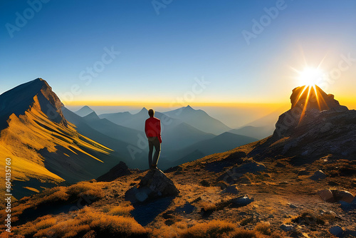Einsamer Wanderer guckt über das Gebirge
