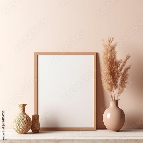 Mock up Poster with minimal decor close up in home interior background,Scandi boho style interior background, coastal boho style interior,modern beige home interior, living room interior, 3D render