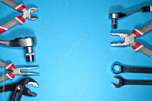 Tools kit detail close up instruments set of tools car kit on blue background instruments for repair different construction tools with copy space Top view Empty space for text Men concept dad day 