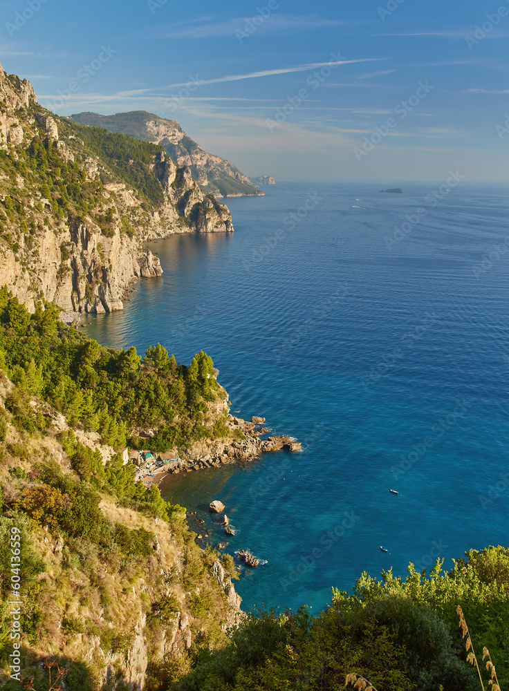 Rocky Cliffs and Mountain Landscape by the Tyrrhenian Sea. Amalfi Coast, Italy.