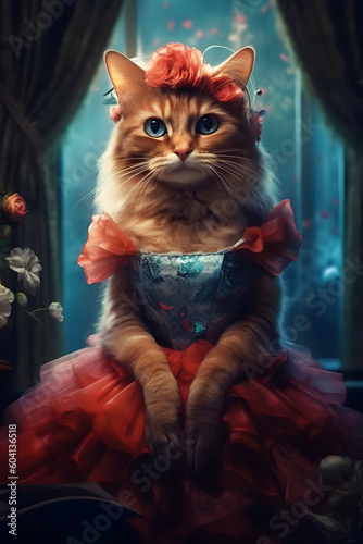  cat sitting in a red dress - generative ai