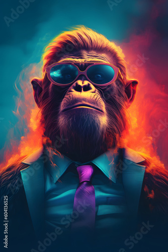 gorilla in a blue suit and tie is in front of a flames - generative ai