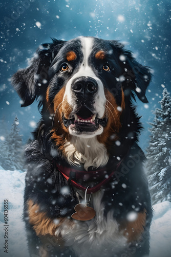 Bernese mountain dog in the snow - Generative AI	