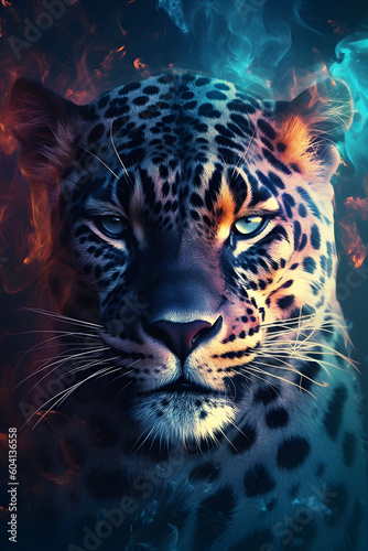 jaguar with blue eyes that is surrounded with blue and red fire - generative ai