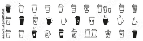 Coffee cup icon set. Linear and silhouette style. Vector illustration.