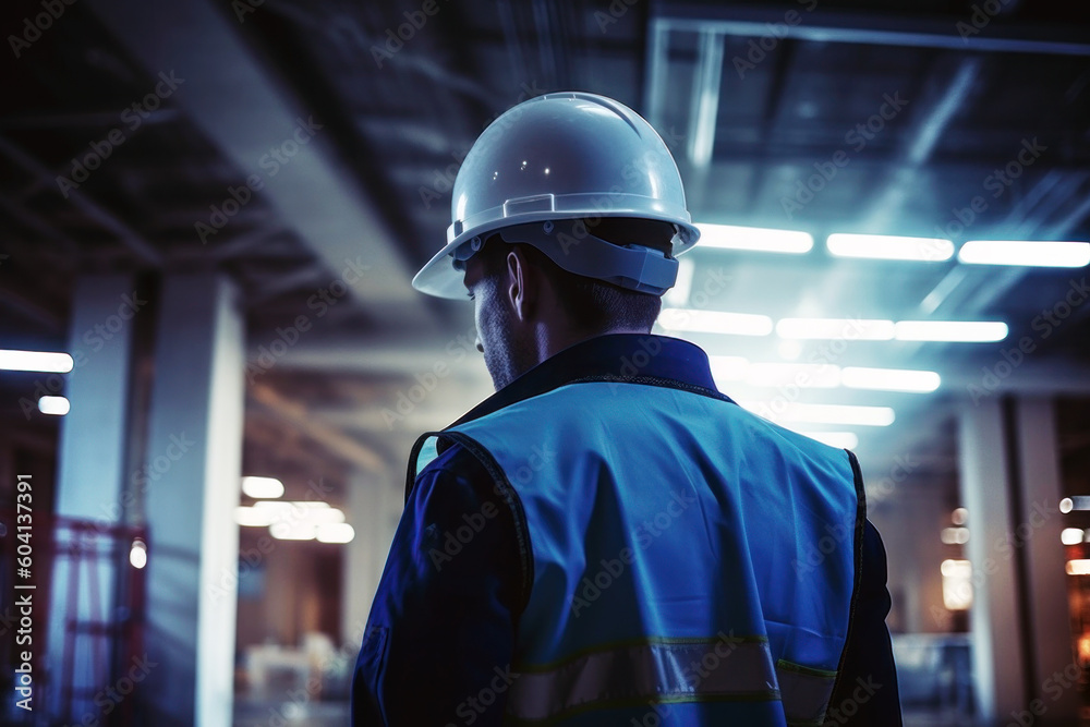 Man engineer worker looking at work with his back generative ai Man engineer worker looking at work with his back generative ai