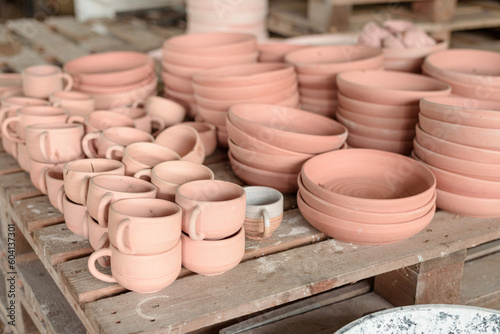 Handmade ceramic works of cups and plates.