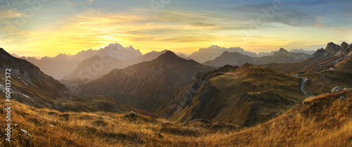 View of Giau Pass after the sunset in the Dolomites, the province of Belluno, Italy.