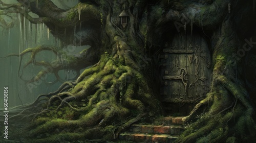 A mysterious door inside a tree, adventure and fairytale ai, ai generative, illustration © ME_Photography