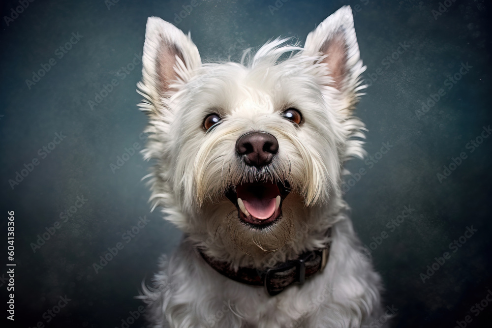 portrait of a smiling white poodle with a grey studio background portrait of a smiling white poodle with a grey studio background
