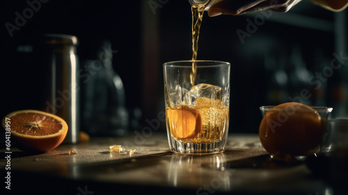 Pouring orange juice from a bottle into a glass with ice.  Generative AI