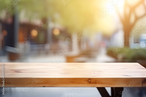 Creative mock concept. Empty wooden table top with coffee shop view of spring time blurred background. Template for product presentation display. 3D rendering