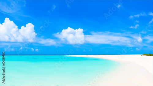 Beautiful sandy beach with white sand and rolling calm wave of turquoise ocean on Sunny day on background white clouds in blue sky. Island in Maldives, generative ai
