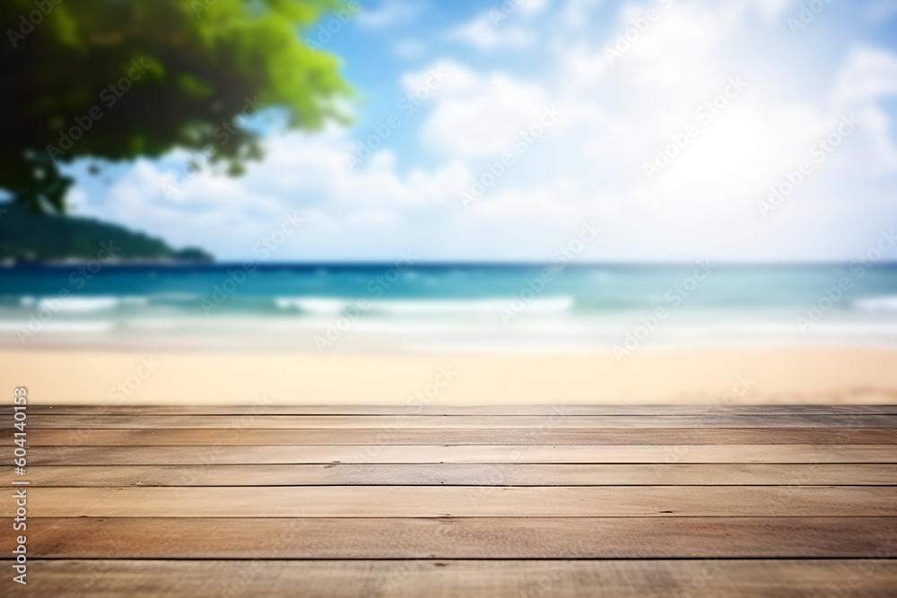 Creative mock concept. Empty wooden table top with view of tropical beach of spring summer time blurred background. Template for product presentation display. Creative mock concept. Empty wooden table top with view of tropical beach of spring summer time blurred background. Template for product presentation display.