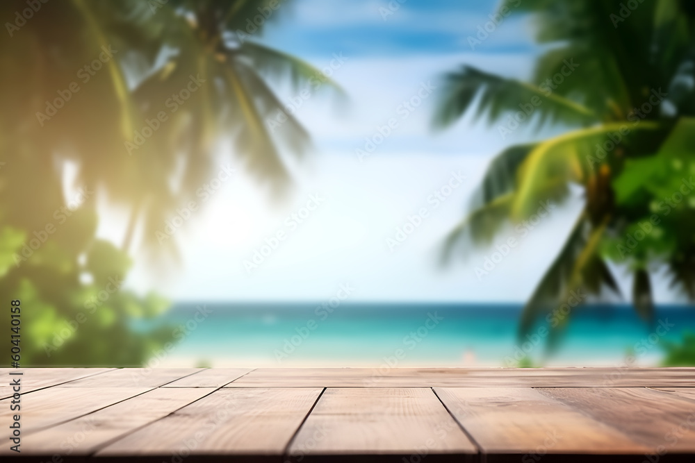 Creative mock concept. Empty wooden table top with view of tropical beach of spring summer time blurred background. Template for product presentation display. 