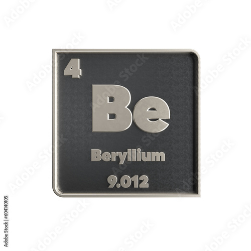 Beryllium chemical element black and metal icon with atomic mass and atomic number. 3d render illustration