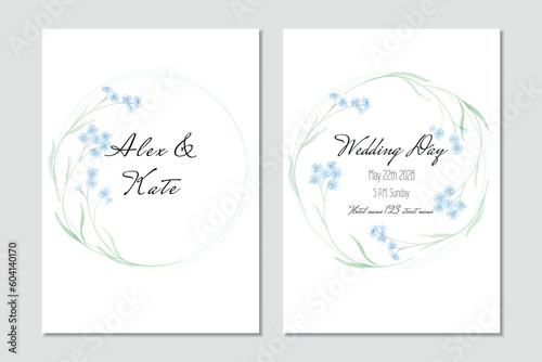 Vector wedding invitation template with wreath of blue watercolor forget-me-nots
