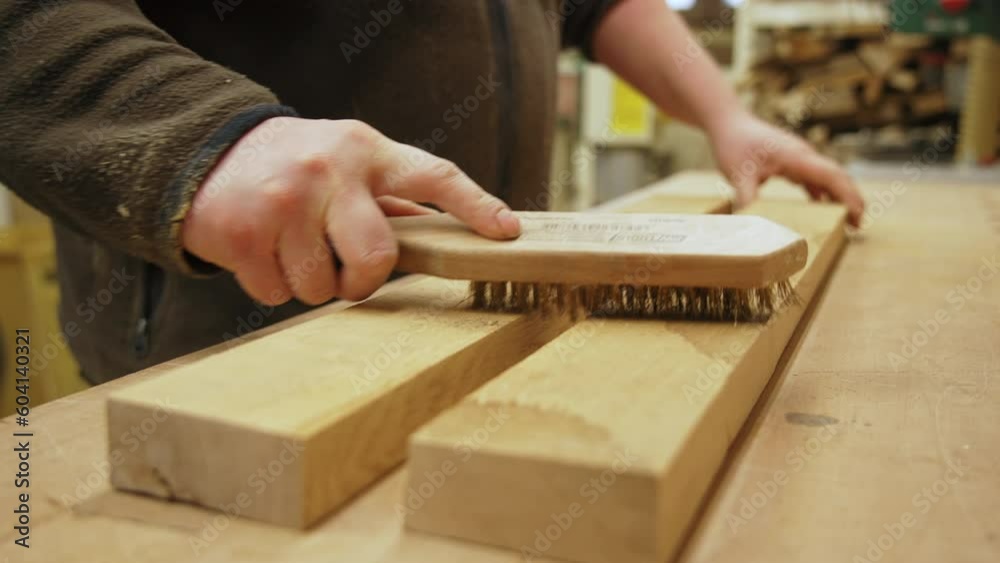 Carpenter using a wooden brush to clean two wooden planks placed on a workbench. High quality 4k footage Carpenter using a wooden brush to clean two wooden planks placed on a workbench. High quality 4k footage