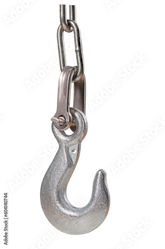 Metal hook suspended by a shackle on a metal chain. Isolated background.
