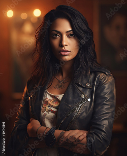Portrait of Beautiful Indian Woman with Tattoos in Leather Jacket Photo Wallpaper, hyper realistic, shallow depth of field, cinematic, Generative AI