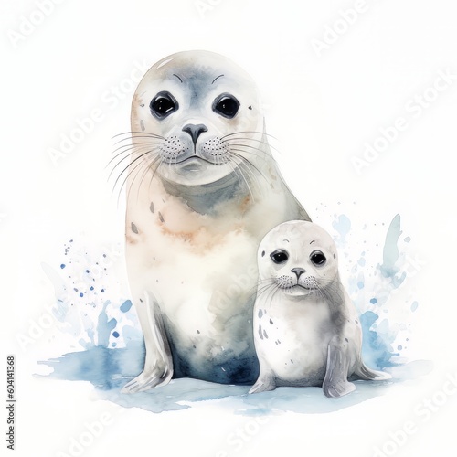 watercolor mother sea lion and baby sea lion on white with Generative AI technology © Nage