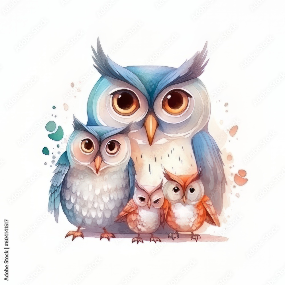 watercolor owl family with Generative AI technology