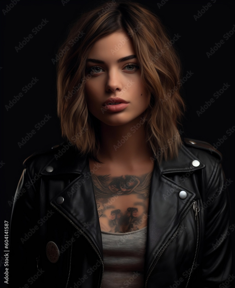 Portrait of Beautiful Woman with Tattoos in Leather Jacket Photo Wallpaper, hyper realistic, shallow depth of field, cinematic, Generative AI Portrait of Beautiful Woman with Tattoos in Leather Jacket Photo Wallpaper, hyper realistic, shallow depth of field, cinematic, Generative AI