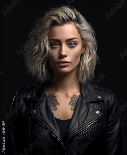 Portrait of Beautiful Woman with Tattoos in Leather Jacket Photo Wallpaper, hyper realistic, shallow depth of field, cinematic, Generative AI
