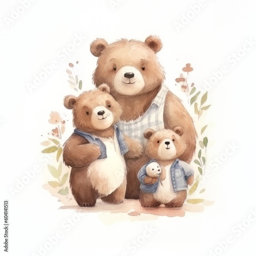 watercolor teddy bear family with Generative AI technology © Nage