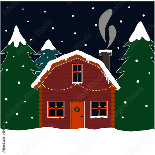 Wooden cozy cabin or lodge, in the tree forest at night with snow. Christmas postcard idea, vector editable illustration.
