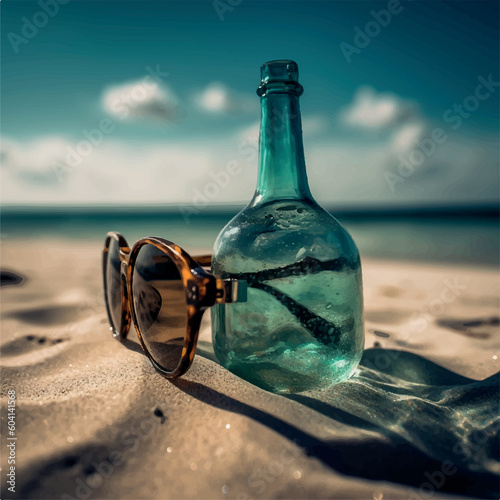 sunglasses inside a glass bottle in a tropical image