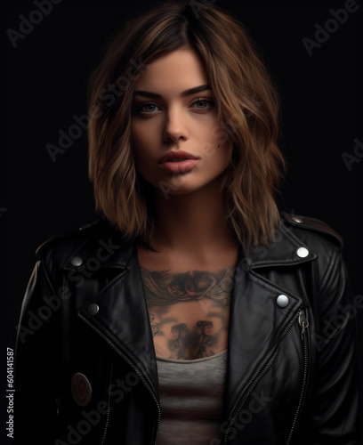Portrait of Beautiful Woman with Tattoos in Leather Jacket Photo Wallpaper, hyper realistic, shallow depth of field, cinematic, Generative AI