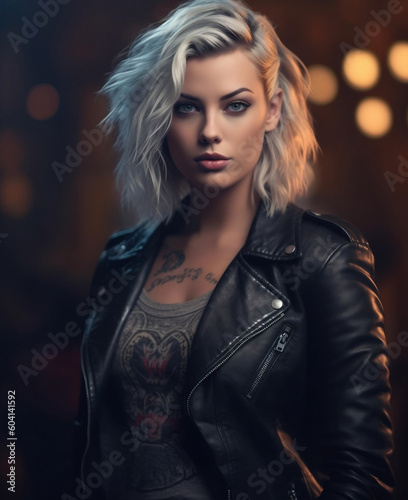 Portrait of Beautiful Woman with Tattoos in Leather Jacket Photo Wallpaper, hyper realistic, shallow depth of field, cinematic, Generative AI