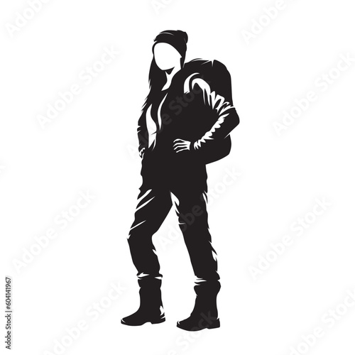 Young woman goes hiking with a backpack on her back. Isolated vector silhouette, ink drawing