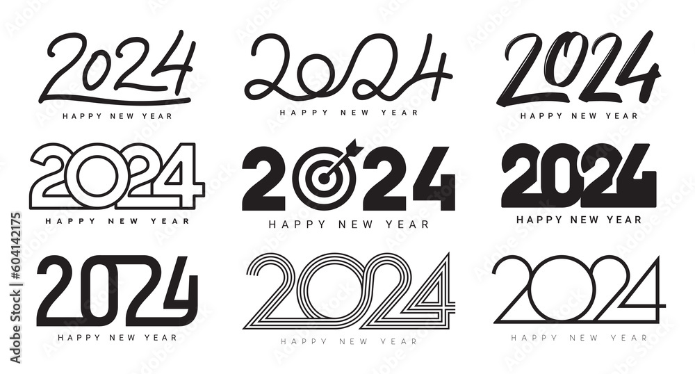 Set of Happy New Year 2024 logos design. Vector illustration with black