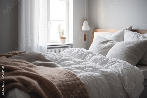 Cozy Scandinavian design with bedroom and bed. Ai generated © dragomirescu