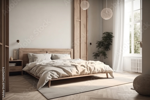 Cozy Scandinavian design with bedroom and bed. Ai generated © dragomirescu