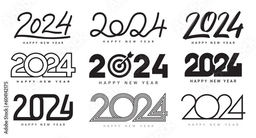 Set of Happy New Year 2024 logos design. Vector illustration with black numbers 2024 isolated on white background. New Year holiday logos template. Collection of 2024 happy new year symbols photo