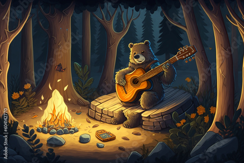 Funny bear playing the guitar in the forest at the camp fire at night. Ai generated