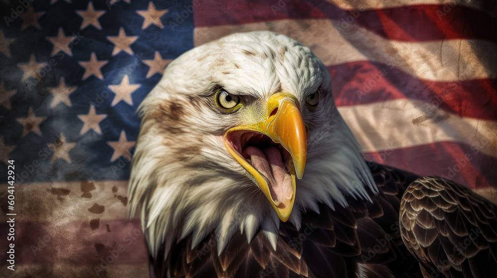Fototapeta premium American bald eagle and American flag created with Generative AI