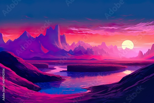 Fantasy landscape with mountains and a lake at sunset, a vector illustration enhanced by Generative AI