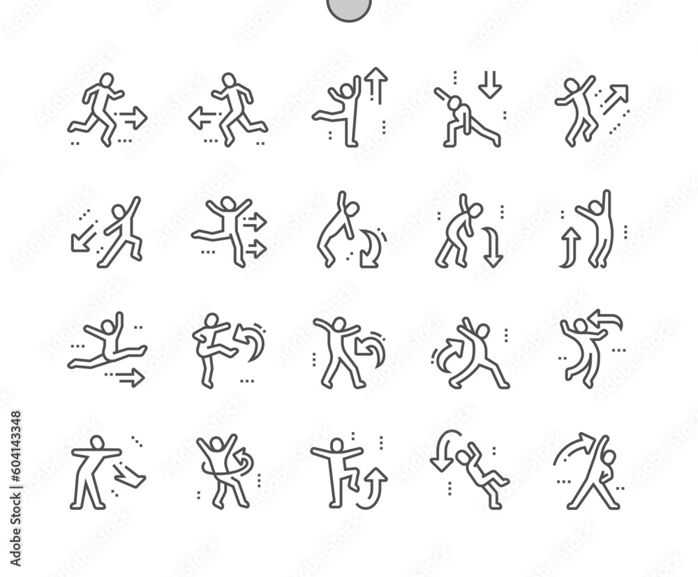 Human movement. Different position standing. Exercise, sport, figure, people. Pixel Perfect Vector Thin Line Icons. Simple Minimal Pictogram