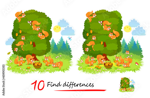 Find 10 differences. Illustration of squirrels family gathering acorns in the forest. Logic puzzle game for children and adults. Page for kids brain teaser book. Developing to count. Vector drawing.