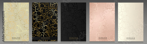 Set of elegant covers. Golden floral pattern on beige, black, white and pink background. Botanical outline design, gradient and metallic effect.
